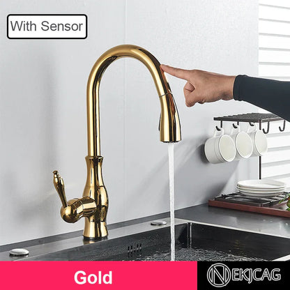 Decorbites™ Gold Sensor-Küchenarmatur mit Ausziehbarer Brause, Berührungssteuerung, Mischbatterie, Spülbeckenarmatur