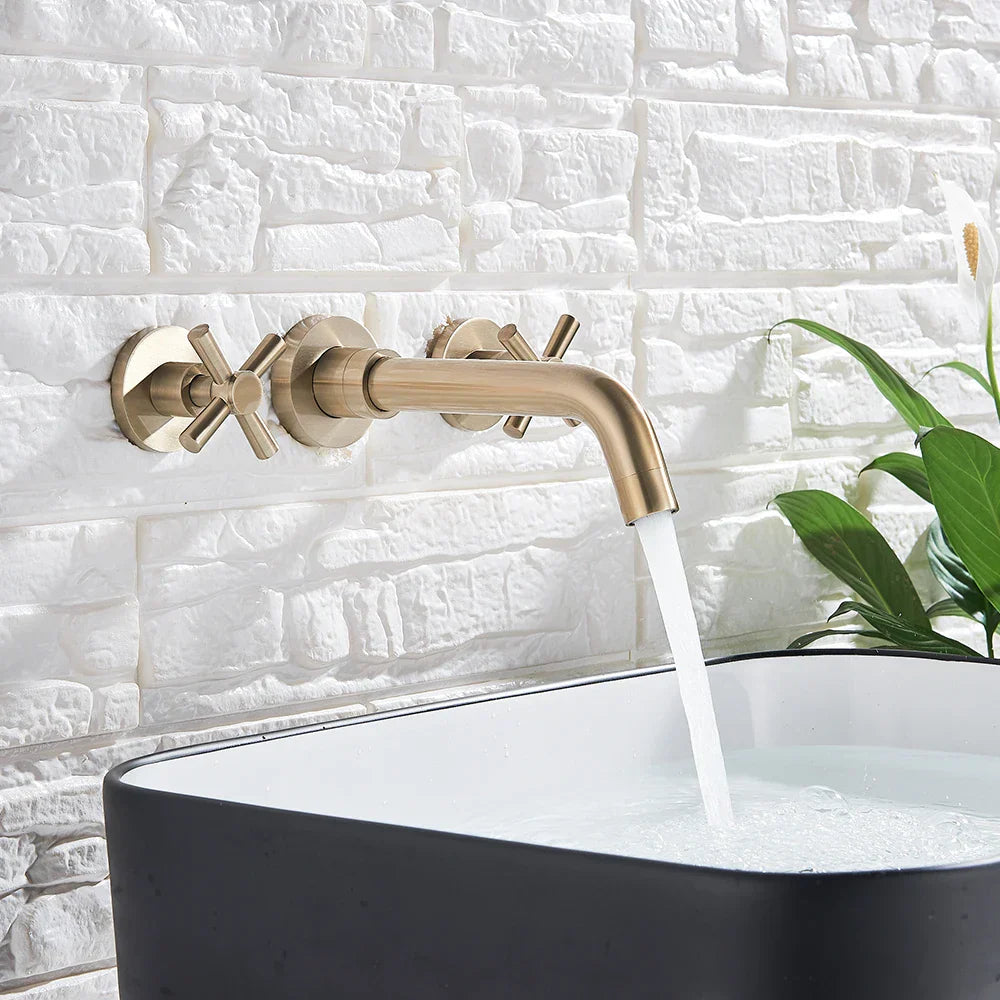 DecorBites™ Golden Dual Handle Wall Mounted Basin Faucet
