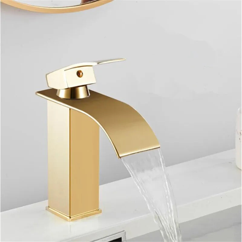 Decorbites™ Gold Wasserfall Beckenarmatur: Messing Badezimmer Mischbatterie, Heiß-Kalt Waschbeckenarmatur