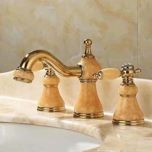 Decorbites™ Gold Messing Jade 3-Loch-Wandmontage Beckenarmatur mit Doppelgriff