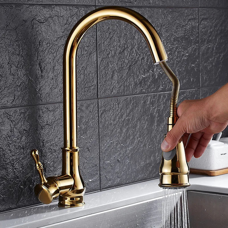 Gold Swivel Kitchen Faucet With Brass Construction