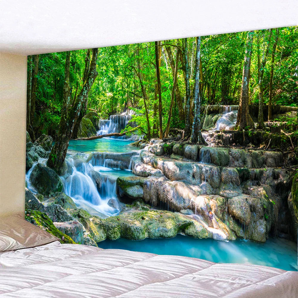 Decorbites™ Wald-Wasserfall-Kunst-Wandteppich: Boho-Hippie-Dekoration für Yogamatte, Sofa und Decke