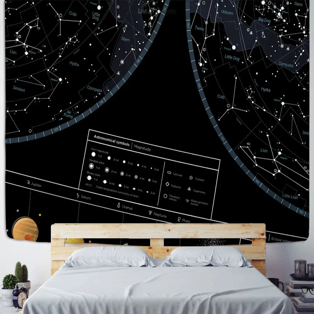 Decorbites™ Interstellare Himmelskarte Sternbilder Wandteppich – Schwarze Galaktische Wanddekoration
