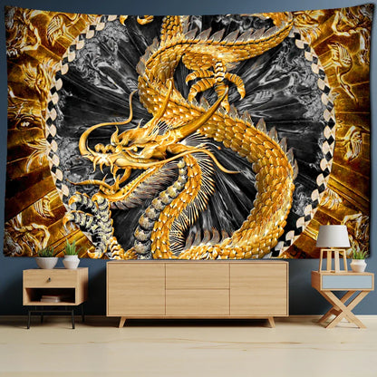 Decorbites™ Golden Loong Drachen-Totem-Wandteppich, Cartoon-Burg-Wandbehänge & Heimdekoration Kunst