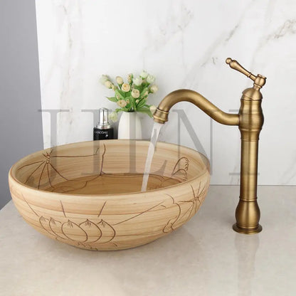 Decorbites™ Schwarzes Keramik-Waschbecken mit handgemaltem Wasserfall-Design und Messing-Wasserhahn