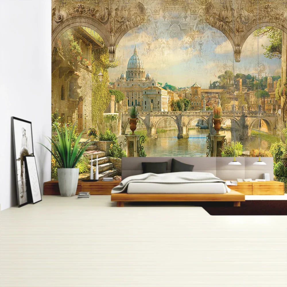 Decorbites™ Grüne Pflanzenlandschaft Wandteppich | Boho Wandbehang für Stadt Schlossberg