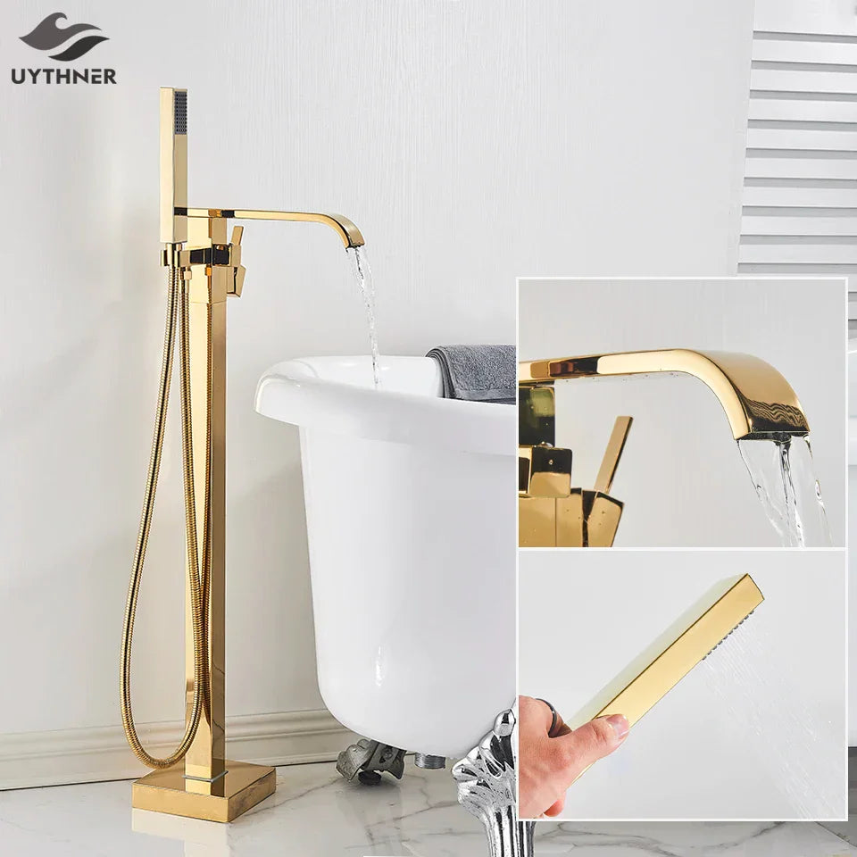 Decorbites™ Gold Badewannenarmatur-Set Heißes und Kaltes Wasser Duschmischer Hahn Wasserfall Bodenständer