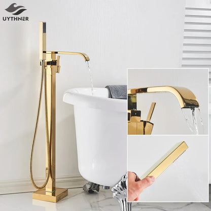 Decorbites™ Gold Badewannenarmatur-Set Heißes und Kaltes Wasser Duschmischer Hahn Wasserfall Bodenständer