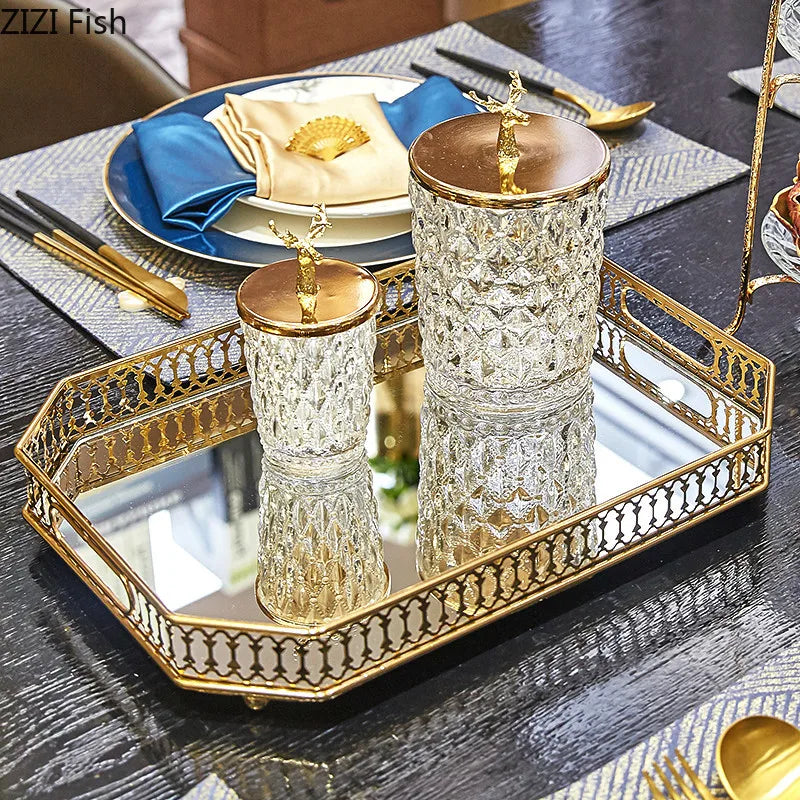 Decorbites™ Elegantes Goldspiegel-Glas-Aufbewahrungstablett für Schmuck und kleine Gegenstände