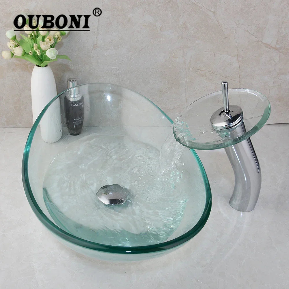 Decorbites™ Glas-Wasserfall-Armatur Handbemalter Waschbecken-Mischbatterie Chrom Lavabo Spüle