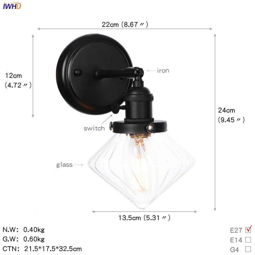 DecorBites™ Glass Ball Wall Light Switch Hallway Bathroom Mirror Stair Black Wall Sconce