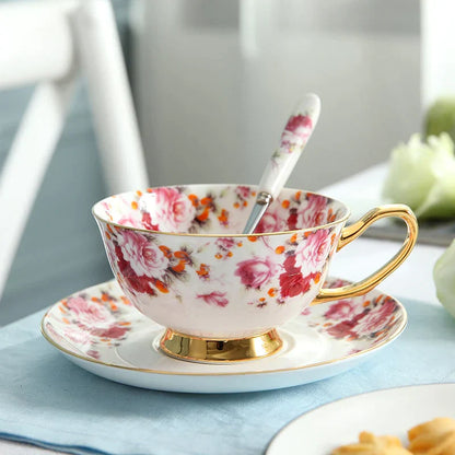 Decorbites™ Elegantes Blumen-Tee-Set - 200 ml Fassungsvermögen Porzellan-Tasse, Untertasse und Löffel
