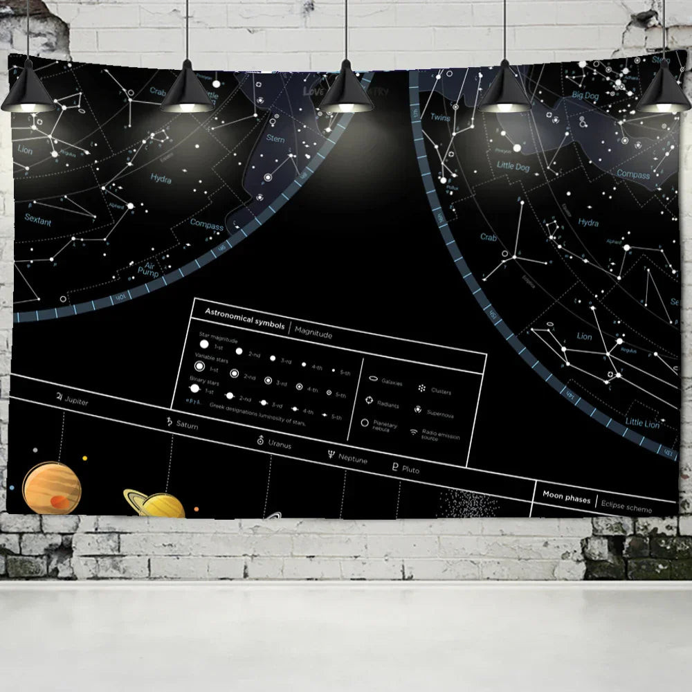 Decorbites™ Interstellare Himmelskarte Sternbilder Wandteppich – Schwarze Galaktische Wanddekoration