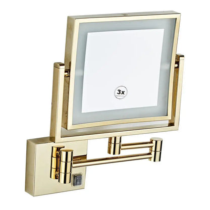 DecorBites™ Gold LED Wall Mounted Makeup Mirror 3X/1X Folding Square Cosmetic Mirror