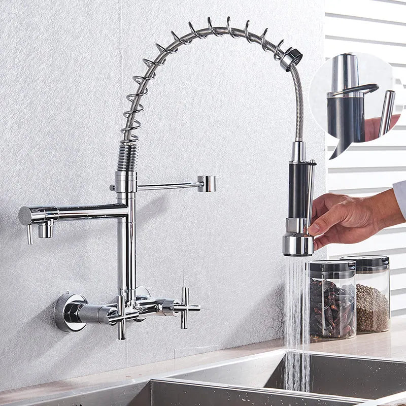 Gold Black Wall Faucet With Dual Swivel Spouts