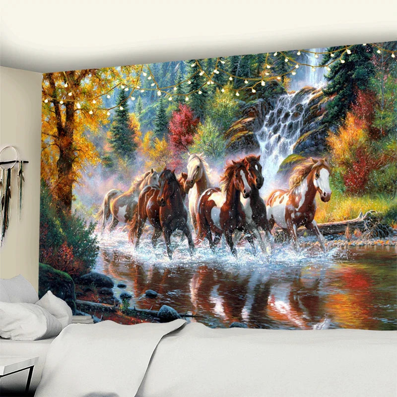 Decorbites™ Galoppierendes Pferd Wandbehang Tapisserie Tuschemalerei Boho Naturdekoration