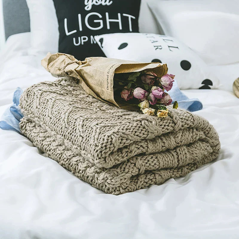 Khaki Wool Chunky Knit Blanket