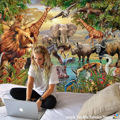 Decorbites™ Löwentapisserie Afrikanische Graslandtiere Cartoon Wandhänge-Decke