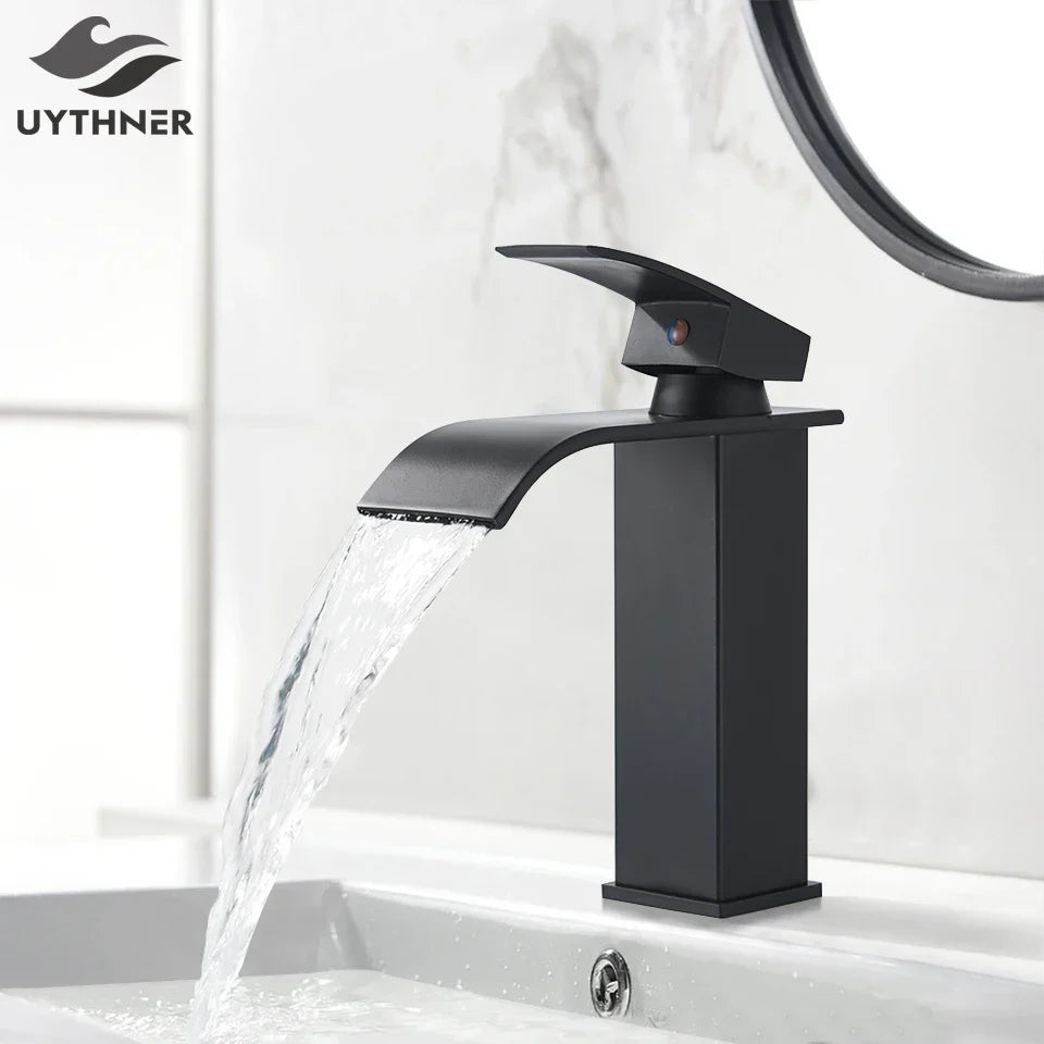 Decorbites™ Schwarze Messing Badezimmer Wasserfall Waschbecken Armatur Heiß-&Kalt Mischer Waschtisch Hahn Deckenmontiert
