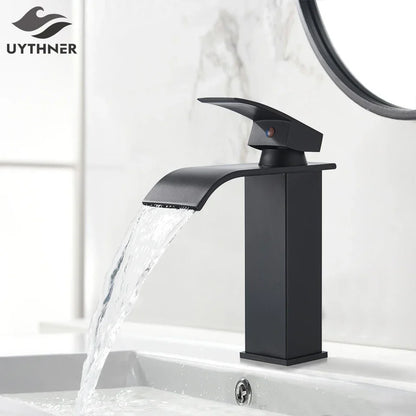 Decorbites™ Schwarze Messing Badezimmer Wasserfall Waschbecken Armatur Heiß-&Kalt Mischer Waschtisch Hahn Deckenmontiert