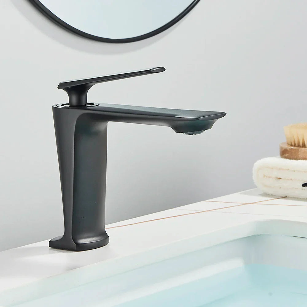 DecorBites™ Black Brass Bathroom Sink Faucet, Hot Cold Water Mixer, Single Handle Deck Mount