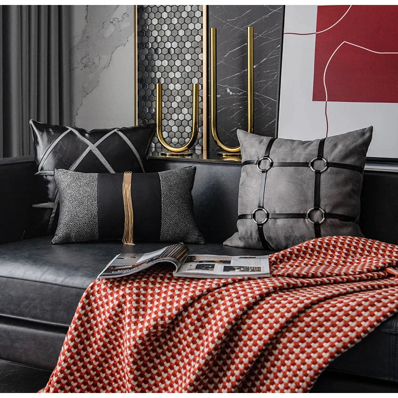 DecorBites™ Leather Patch Embroidery Cushion Cover: Modern Luxury Pillow Case for Sofa