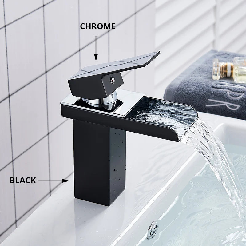 Decorbites™ Schwarze Messing Badezimmer Wasserfall Waschbecken Armatur Heiß-&Kalt Mischer Waschtisch Hahn Deckenmontiert