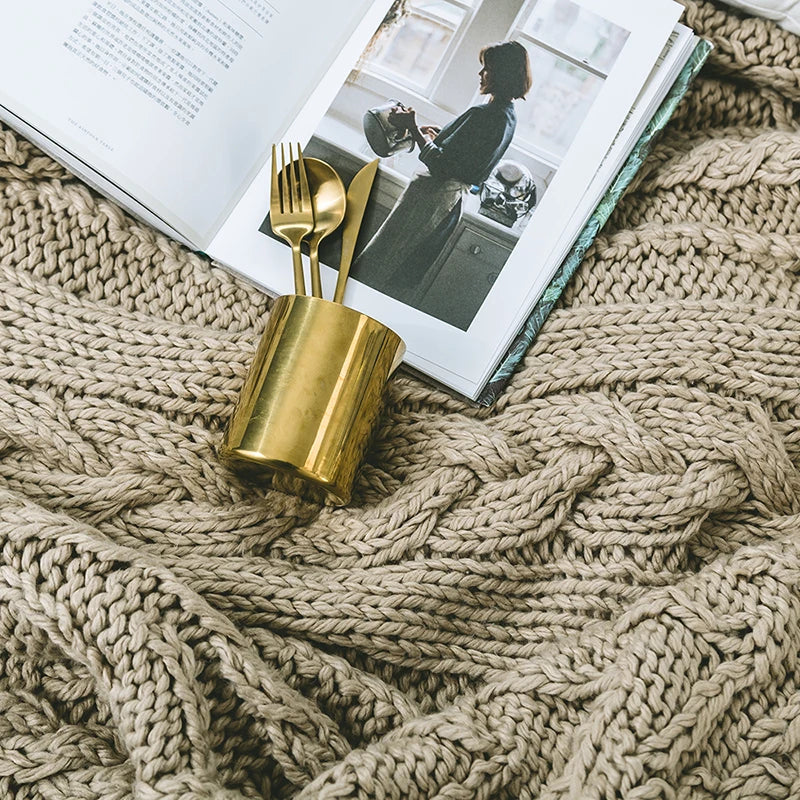 DecorBites™ Khaki Beige Chunky Knit Wool Blanket