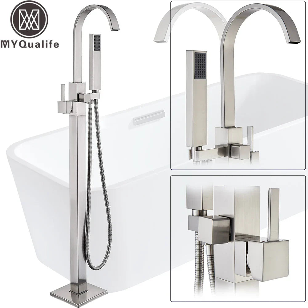 Decorbites™ Freistehender Badewannenarmatur mit Handbrause: Gebürstetes Nickel Bodenmontierter Mischbatterie