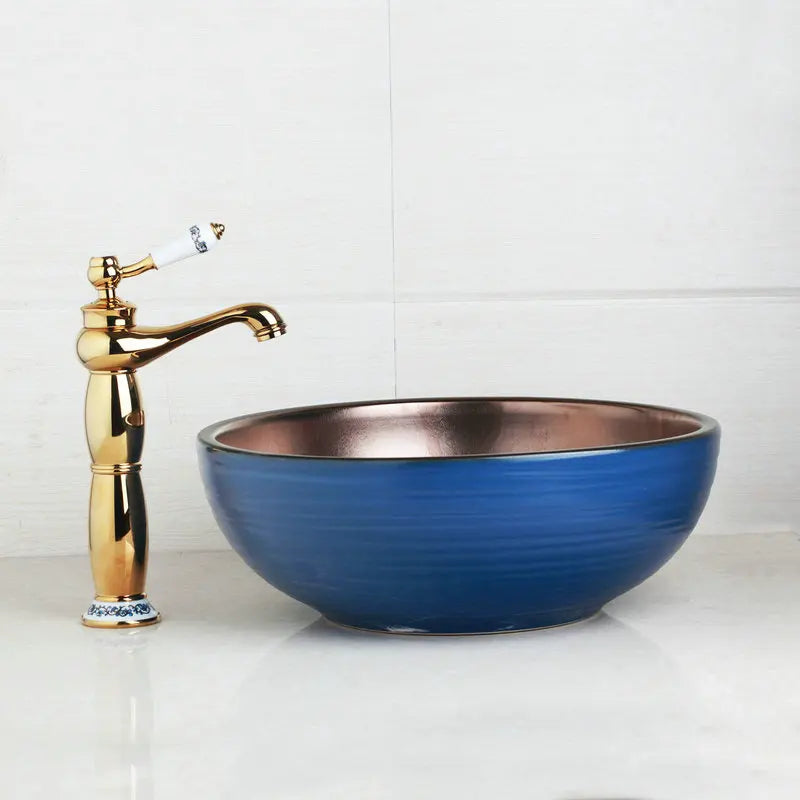 Decorbites™ Handbemaltes Keramisches Waschbecken-Set mit Goldenem Teekannen-Auslaufarmatur