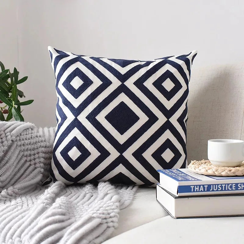 Decorbites™ Geometrisch Besticktes Kissenbezug Grau Schwarz Blau Quadratisches Sofakissen 45x45cm