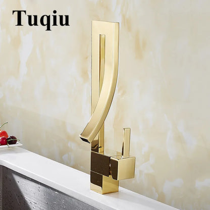 DecorBites™ Gold Brass Square Basin Faucet Single Handle Hot Cold Mixer Water Tap