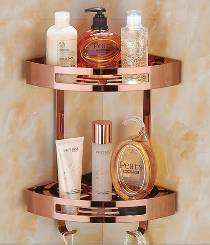 DecorBites™ Gold Stainless Steel Bathroom Corner Shelf – Rose Gold Shower Caddy