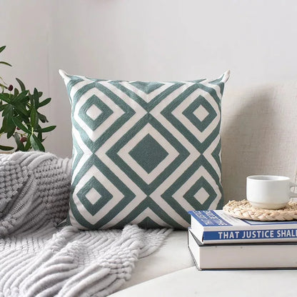 Decorbites™ Geometrisch Besticktes Kissenbezug Grau Schwarz Blau Quadratisches Sofakissen 45x45cm