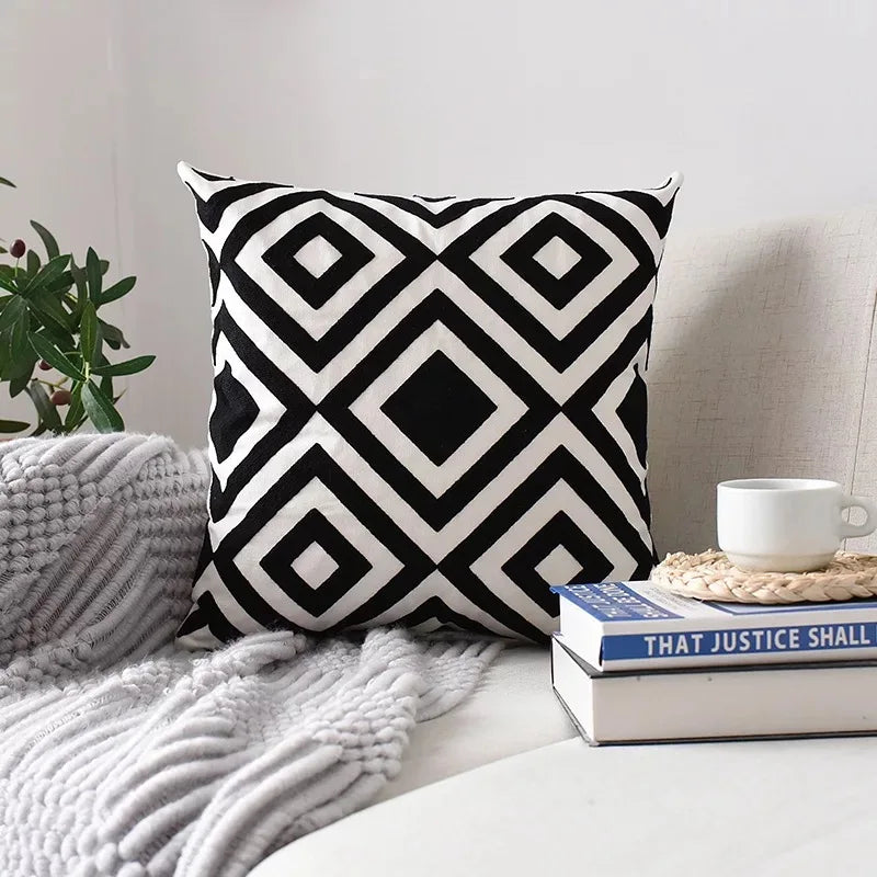 Decorbites™ Geometrisch Besticktes Kissenbezug Grau Schwarz Blau Quadratisches Sofakissen 45x45cm