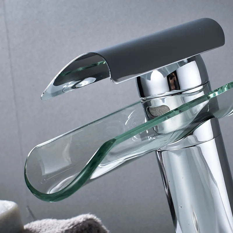 Decorbites™ Glas-Auslauf-Waschbeckenarmatur: Wasserfall-Badmischtap, Chrom-Optik
