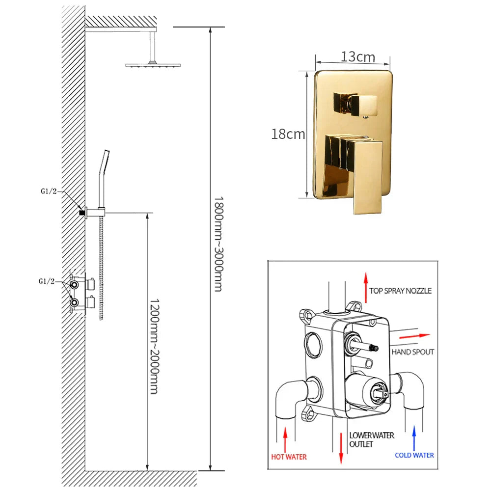 Brass Gold Rain Shower Set