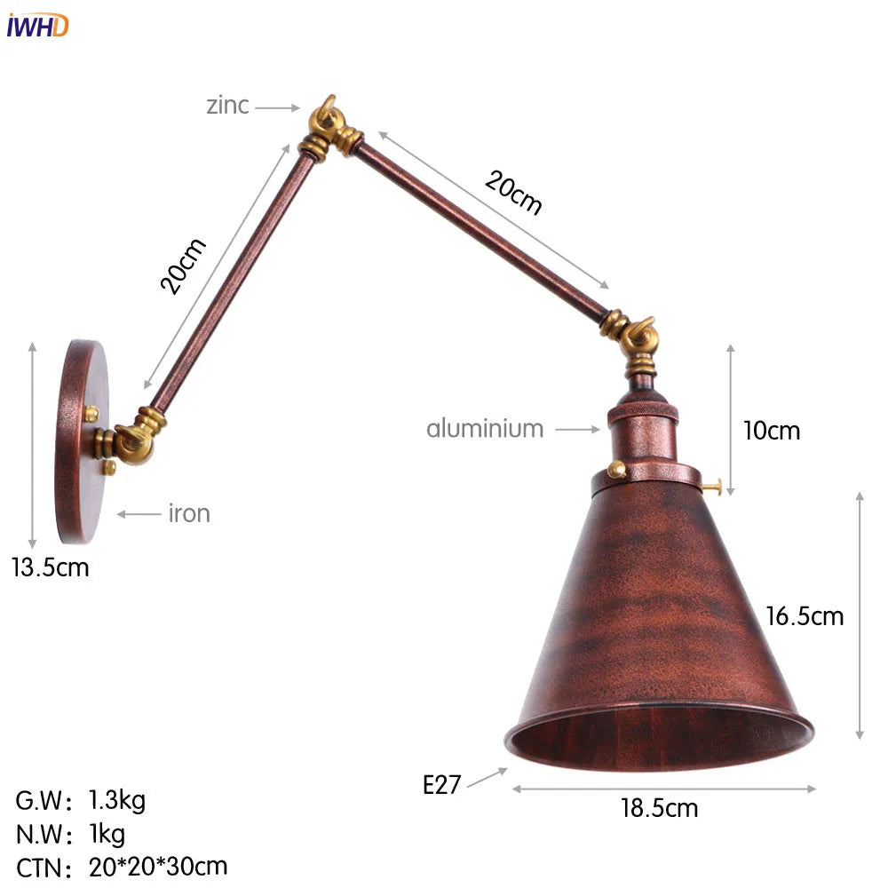 DecorBites™ Gold LED Swing Arm Wall Lamp Industrial Decor Vintage Beside Stair Loft