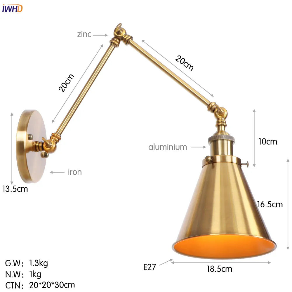DecorBites™ Gold LED Swing Arm Wall Lamp Industrial Decor Vintage Beside Stair Loft