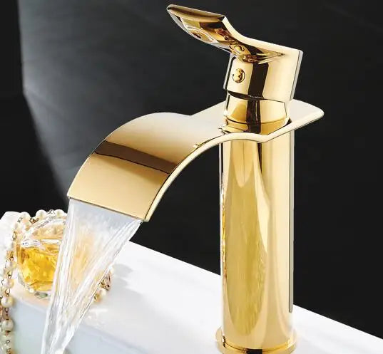 Decorbites™ Gold Wasserfall Badezimmerarmatur Einhebel-Waschtischmischer Armatur Messing Waschbecken Hahn