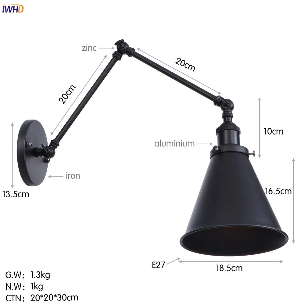 DecorBites™ Gold LED Swing Arm Wall Lamp Industrial Decor Vintage Beside Stair Loft