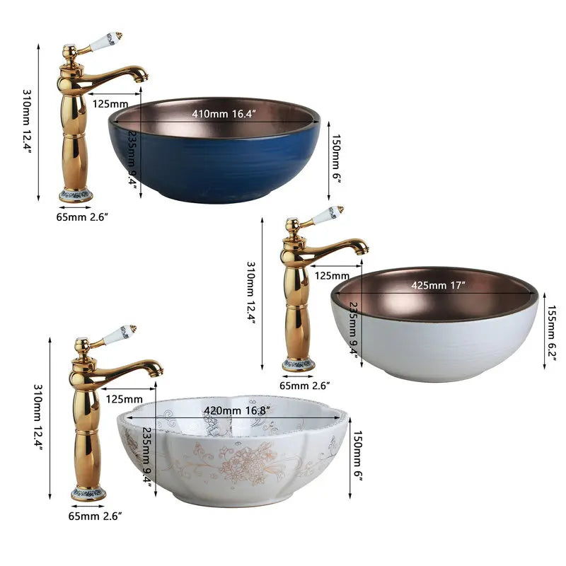 Decorbites™ Handbemaltes Keramisches Waschbecken-Set mit Goldenem Teekannen-Auslaufarmatur