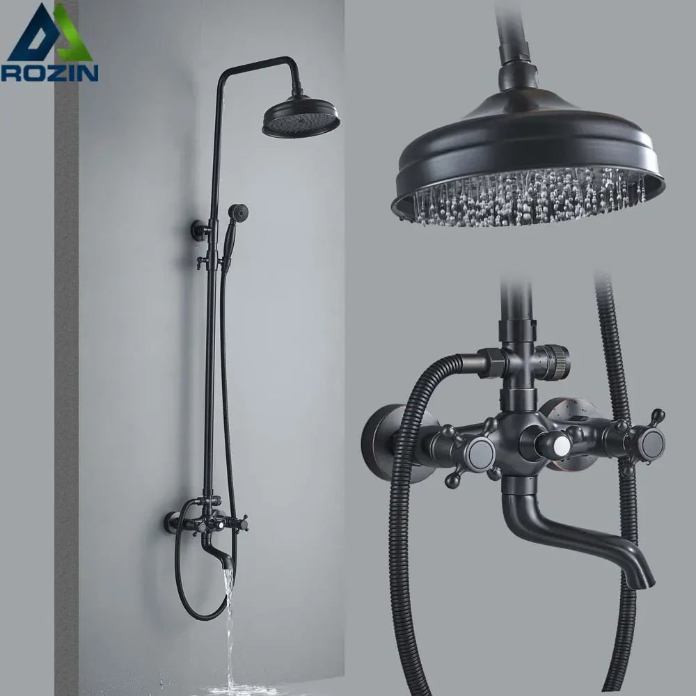 Decorbites™ Schwarze Messing-Regendusche-Mischbatterie-Set mit 8" Brausekopf und Handbrause