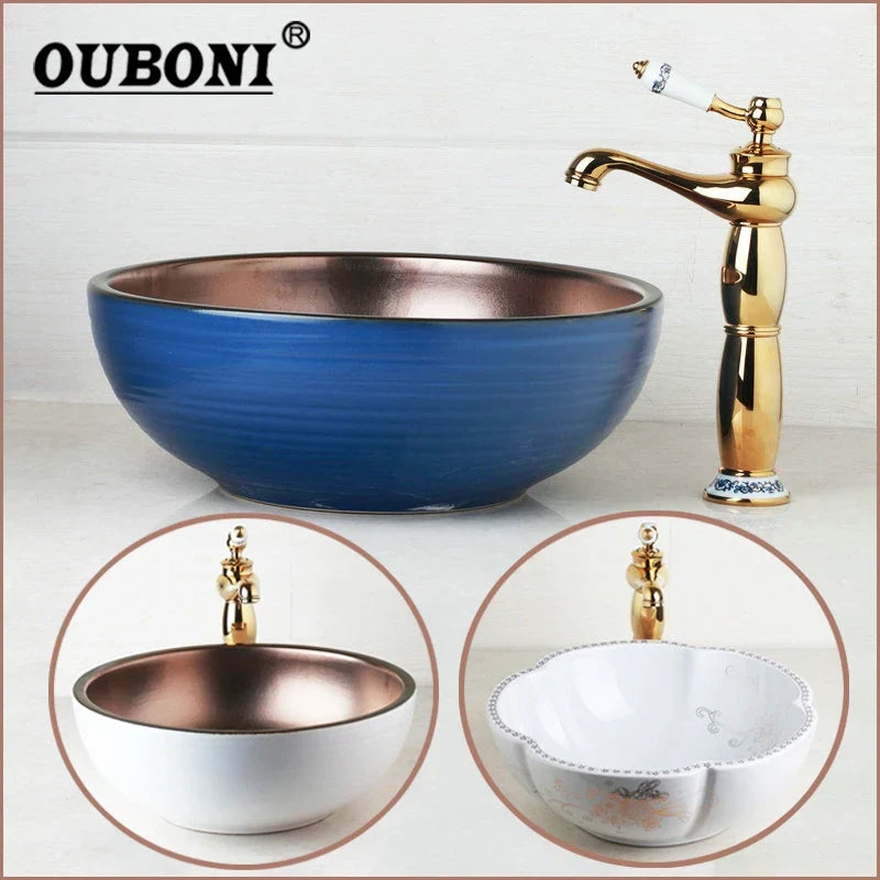 Decorbites™ Handbemaltes Keramisches Waschbecken-Set mit Goldenem Teekannen-Auslaufarmatur