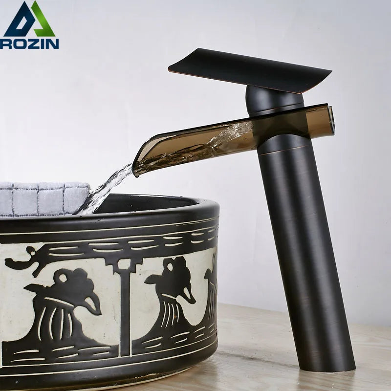 Decorbites™ Schwarze Bronze Glas-Auslauf Wasserfall Beckenmischer Armatur - Deckenmontiertes Arbeitsplatten-Wasserhahn