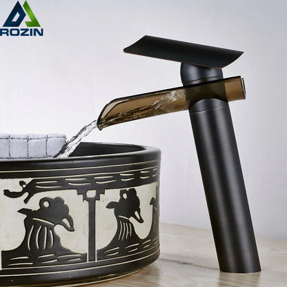 Decorbites™ Schwarze Bronze Glas-Auslauf Wasserfall Beckenmischer Armatur - Deckenmontiertes Arbeitsplatten-Wasserhahn