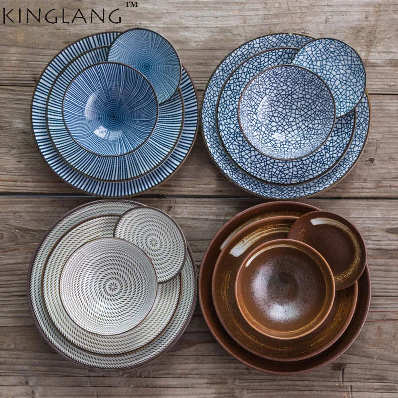 Decorbites™ Japanischer Stil Keramik-Essensservice - Blaues Tafelgeschirr-Set mit Schüssel und Teller