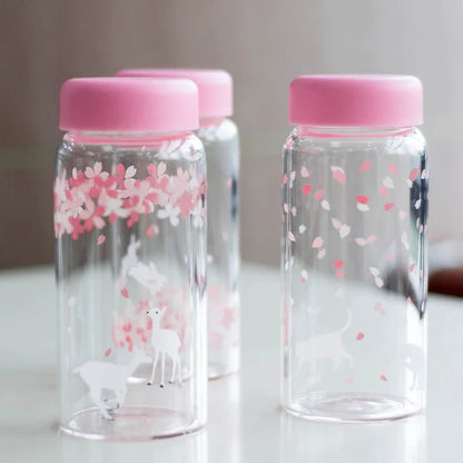 DecorBites™ Kawaii Sakura Glass Water Bottle 310ml Cute Cartoon Animal Design