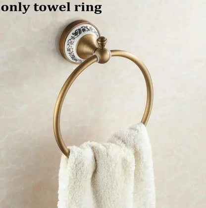 DecorBites™ Bathroom Accessories Set: Towel Rack, Bar, Holder, Hook - Antique Brass/Ceramic/Copper