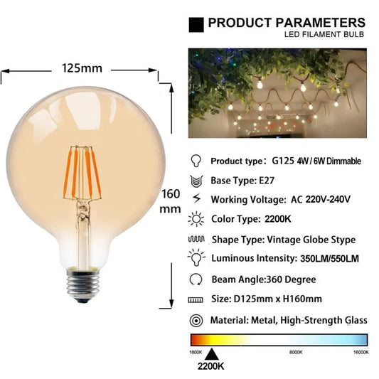 Decorbites™ G125 LED-Filamentlampe 4 W E27 Warmweiß 2200 K dimmbar, Glühbirne, Äquivalent zu 40/60 W
